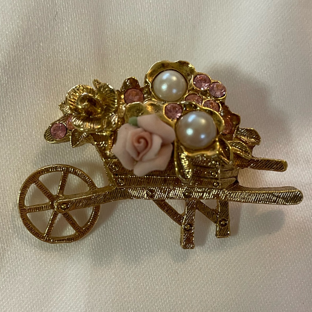Vintage Gold Tone with Pink Flower, Rhinestones & Faux Pearl Pin or Brooch